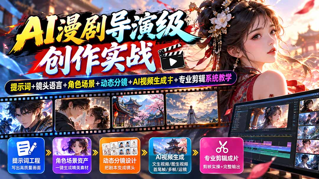 AI漫剧导演级创作实战：提示词+镜头语言+角色场景+动态分镜+AI视频生成+专业剪辑系统教学-拾亿云创