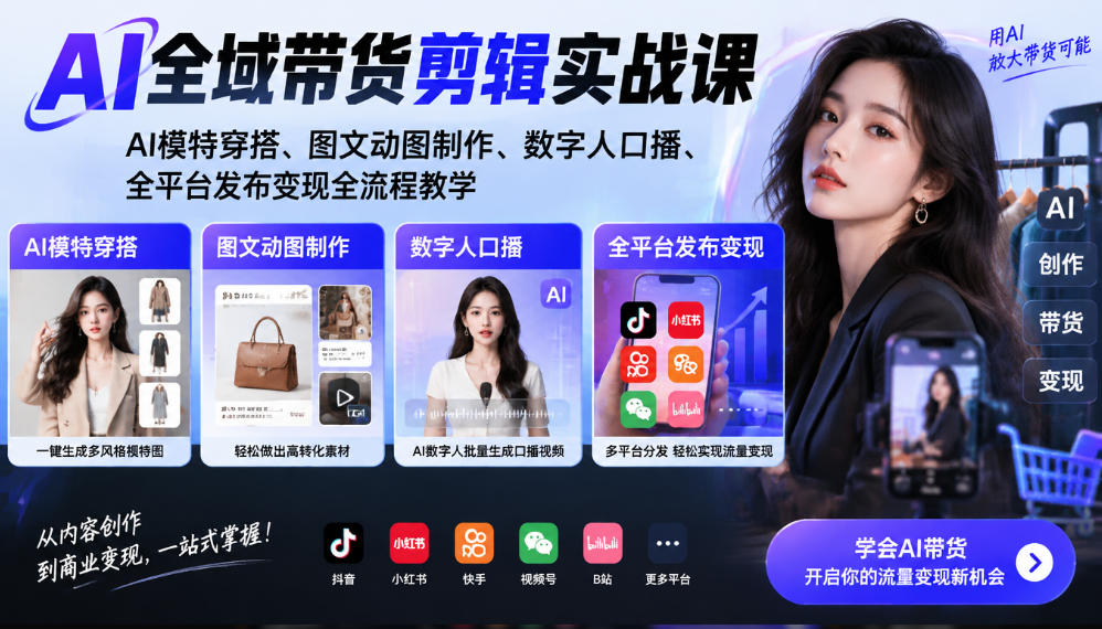 AI全域带货剪辑实战课｜AI模特穿搭、图文动图制作、数字人口播、全平台发布变现全流程教学-拾亿云创