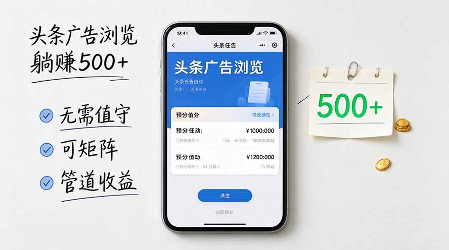 头条广告浏览躺赚500+无需值守，可矩阵并附有管道收益-拾亿云创