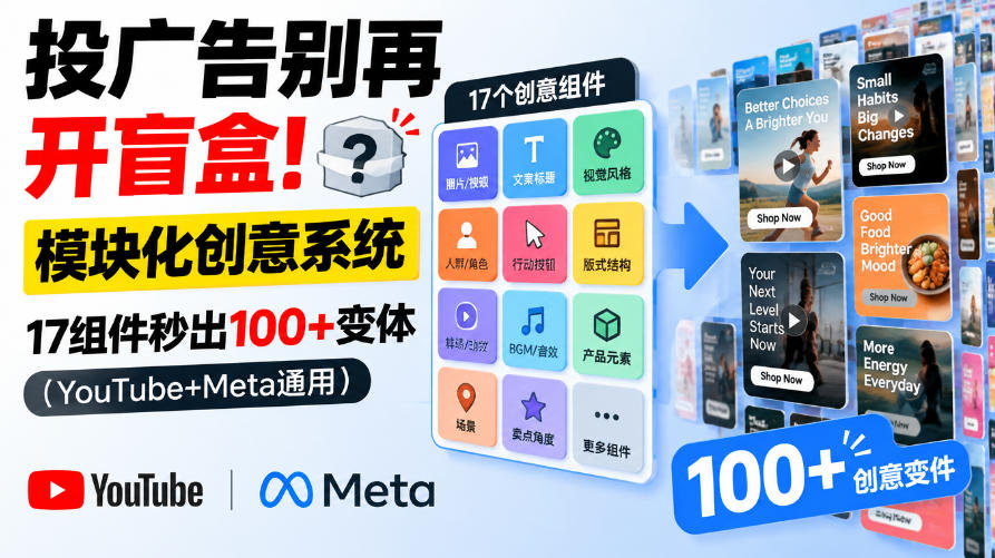 投广告别再开盲盒！模块化创意系统，17组件秒出100+变体(YouTube+Meta通用)【原创双语字幕】-拾亿云创
