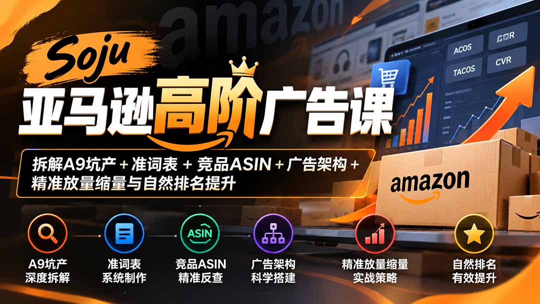 Soju亚马逊高阶广告课：拆解A9坑产+准词表+竞品ASIN+广告架构+精准放量缩量与自然排名提升-拾亿云创