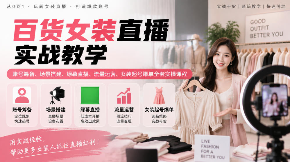 百货女装直播实战教学｜账号筹备、场景搭建、绿幕直播、流量运营、女装起号爆单全套实操课程-拾亿云创