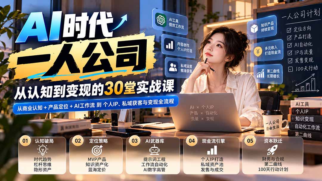 【无水印】AI时代一人公司30堂实战课：从商业认知+产品定位+AI工作流到个人IP、私域获客与变现全流程-拾亿云创