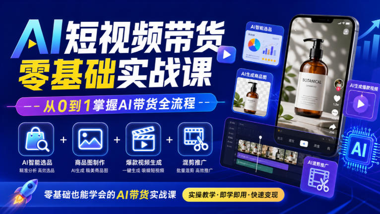 AI短视频带货零基础实战课｜AI智能选品+商品图制作+爆款视频生成+混剪推广，从0到1掌握AI带货全流程-拾亿云创