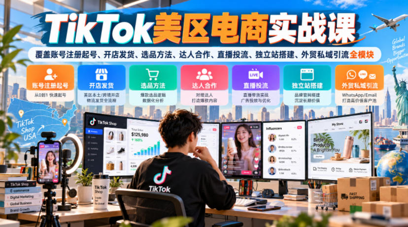 TikTok美区电商实战课，覆盖账号注册起号、开店发货、选品方法、达人合作、直播投流、独立站搭建、外贸私域引流全模块-拾亿云创
