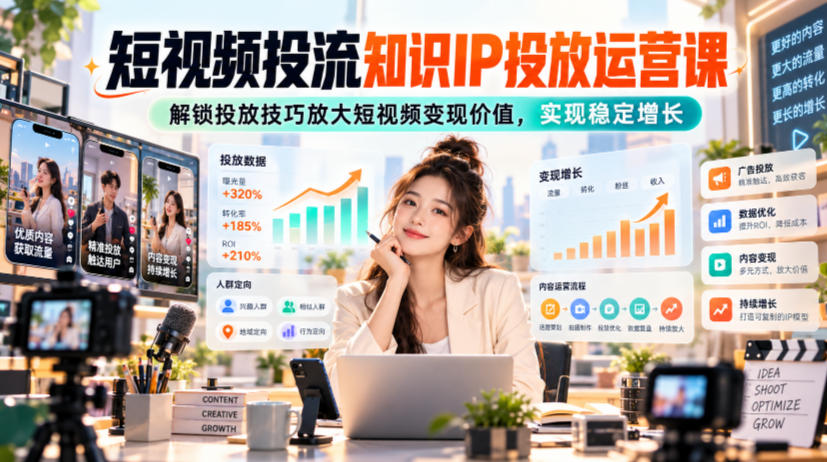 短视频投流知识IP投放运营课，解锁投放技巧放大短视频变现价值，实现稳定增长-拾亿云创