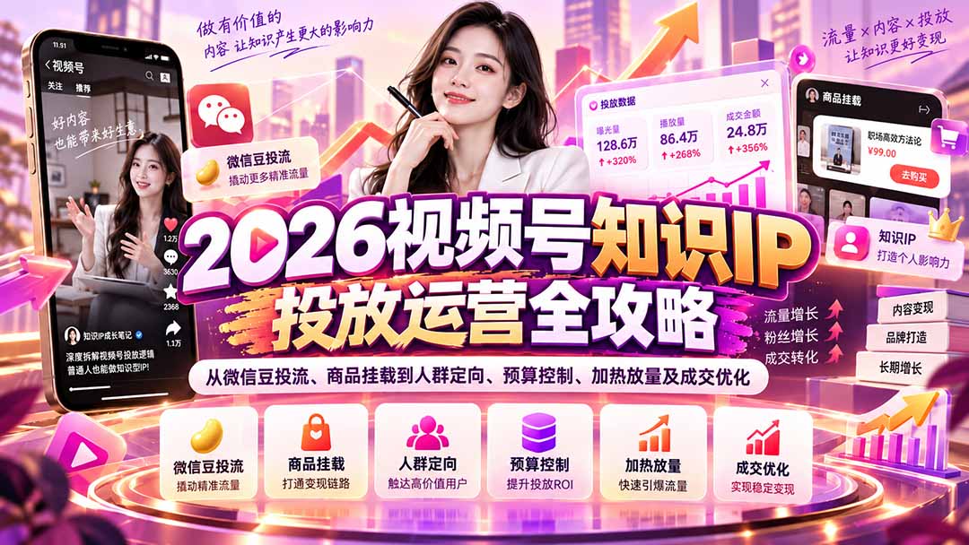 2026视频号知识IP投放运营全攻略：从微信豆投流、商品挂载到人群定向、预算控制、加热放量及成交优化-拾亿云创