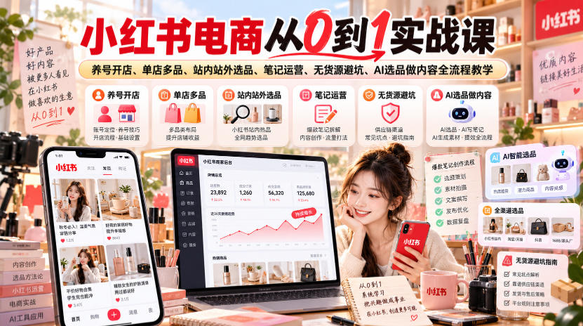 小红书电商从0到1实战课｜养号开店、单店多品、站内站外选品、笔记运营、无货源避坑、AI选品做内容全流程教学-拾亿云创