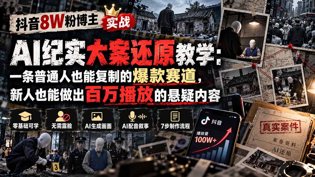 抖音8W粉博主AI纪实大案还原教学：一条普通人也能复制的爆款赛道，新人也能做出百万播放的悬疑内容-拾亿云创