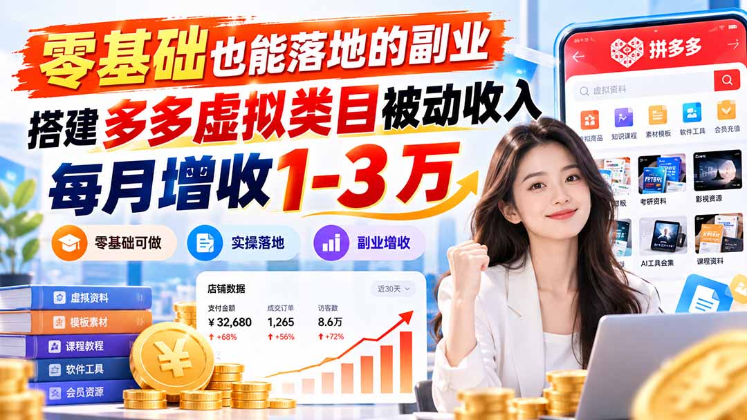 零基础也能落地的副业，搭建多多虚拟类目被动收入，每月增收 1-3 万-拾亿云创