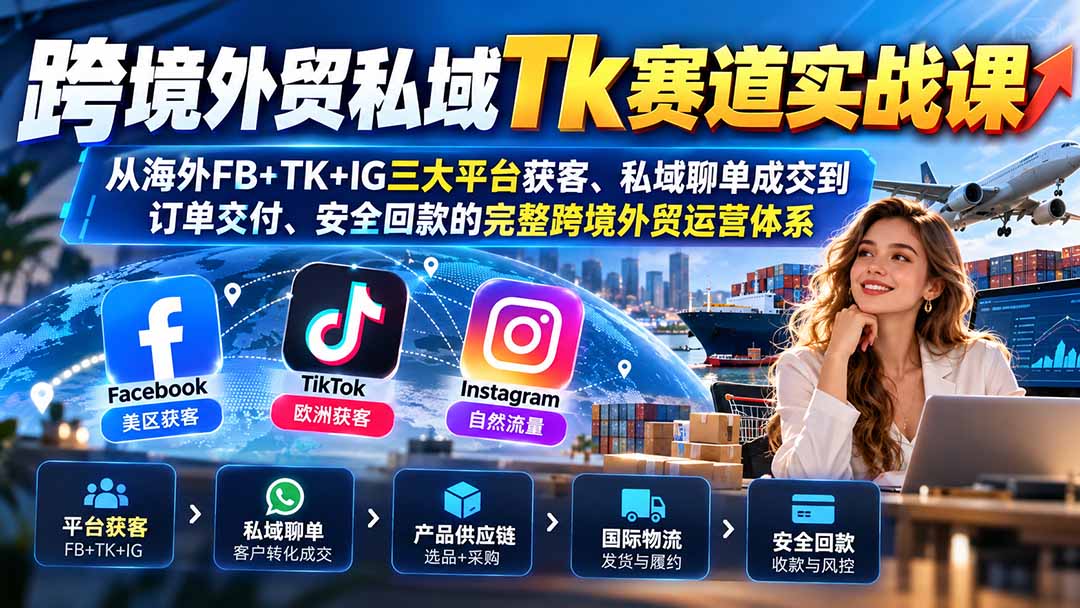 跨境外贸私域Tk赛道实战课：从海外FB+TK+IG三大平台获客、私域聊单成交到订单交付、安全回款的完整跨境外贸运营体系-拾亿云创