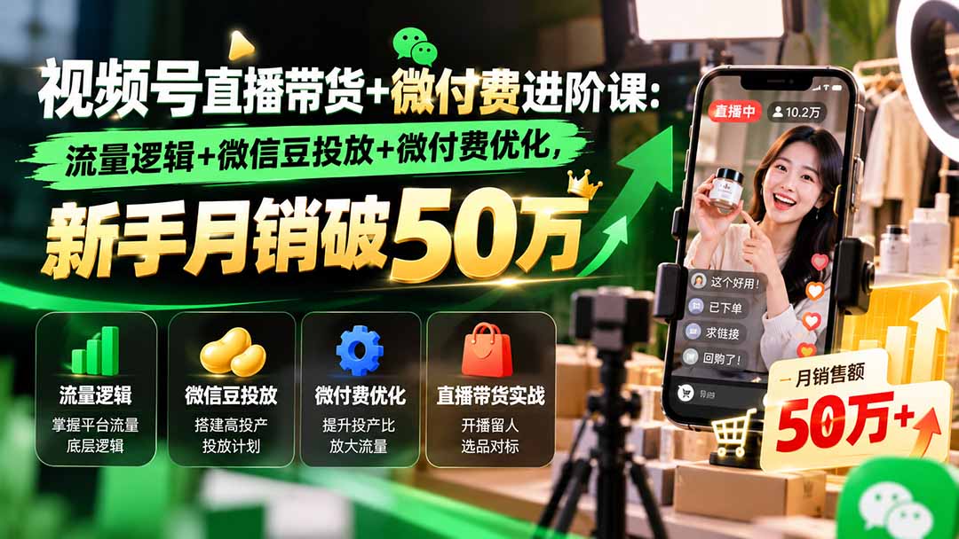 视频号直播带货+微付费进阶课-更新1010:流量逻辑+微信豆投放+微付费优化,新手月销破50万-拾亿云创