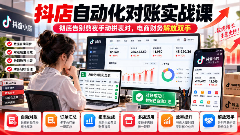 抖店自动化对账实战课，彻底告别熬夜手动拼表对，账电商财务解放双手-拾亿云创