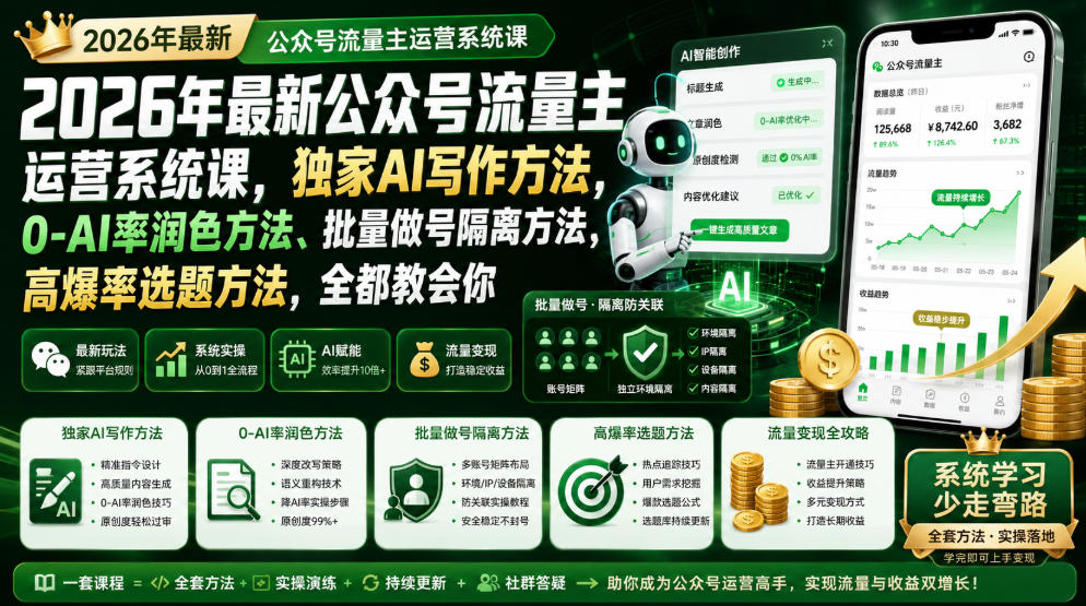 2026年最新公众号流量主运营系统课，独家AI写作方法，0-AI率润色方法、批量做号隔离方法、高爆率选题方法，全都教会你(更新1009)-拾亿云创