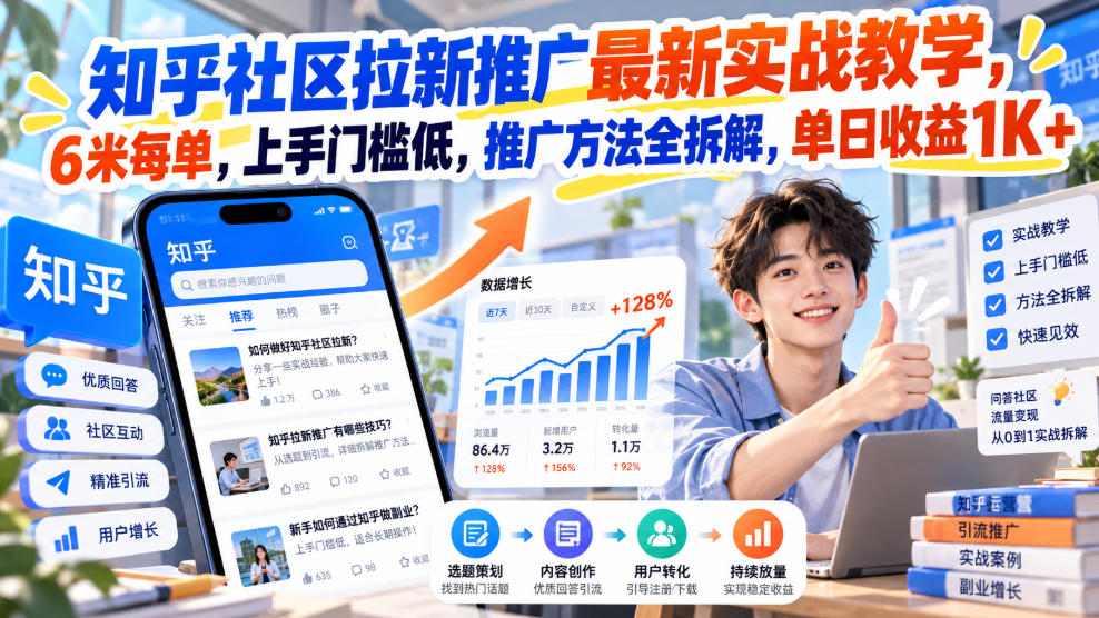 知乎社区拉新推广最新实战教学，6米每单，上手门槛低，推广方法全拆解，单日收益1K+！(更新1010)-拾亿云创