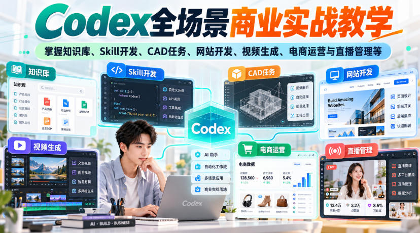 Codex全场景商业实战教学，掌握知识库、Skill开发、CAD任务、网站开发、视频生成、电商运营与直播管理等(更新1010)-拾亿云创