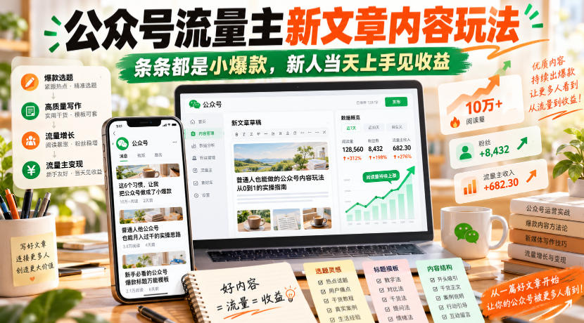公众号流量主新文章内容玩法，条条都是小爆款，新人当天上手见收益-拾亿云创