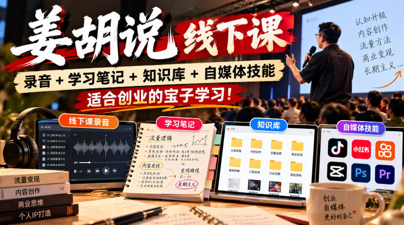 姜胡说线下课录音＋学习笔记＋知识库＋自媒体技能，​适合创业的宝子学习！-拾亿云创