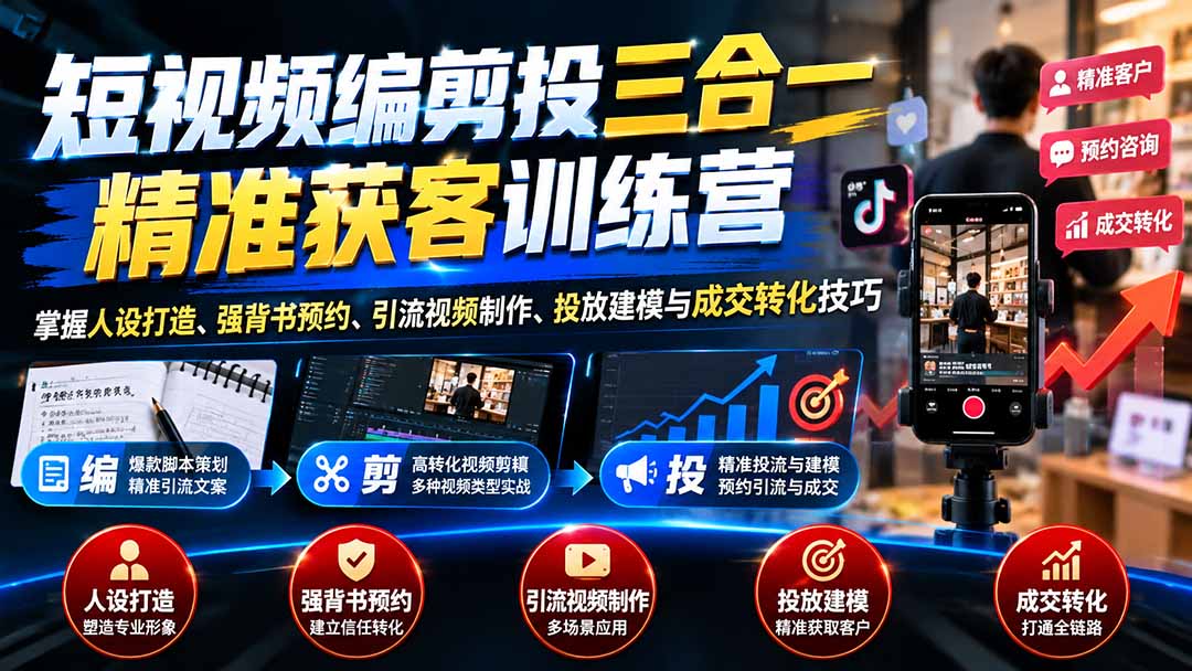 短视频编剪投三合一精准获客训练营：掌握人设打造、强背书预约、引流视频制作、投放建模与成交转化技巧-拾亿云创
