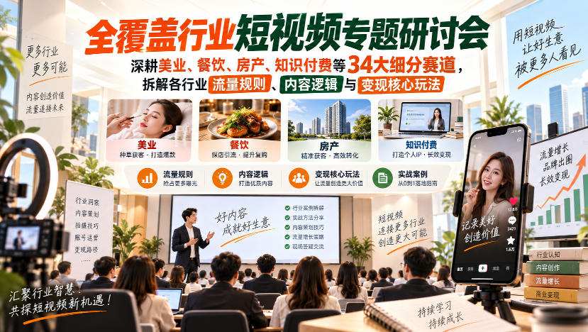 短视频专题研讨会，深耕美业、餐饮、房产、知识付费等34大细分赛道，拆解各行业流量规则、内容逻辑与变现核心玩法(更新1011)-拾亿云创