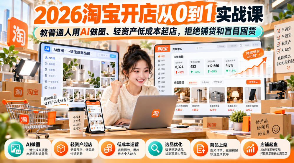 2026淘宝开店从0到1实战课，教普通人用AI做图、轻资产低成本起店，拒绝铺货和盲目囤货-拾亿云创