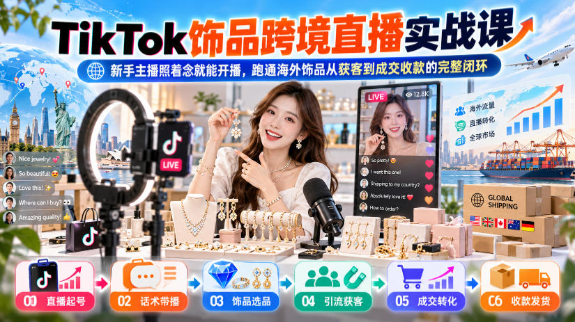 TikTok饰品跨境直播实战课,新手主播照着念就能开播,跑通海外饰品从获客到成交收款的完整闭环-拾亿云创