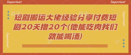 短剧搬运大佬经验分享付费短剧20天撸20个(他能吃肉我们就能喝汤)-云启网创